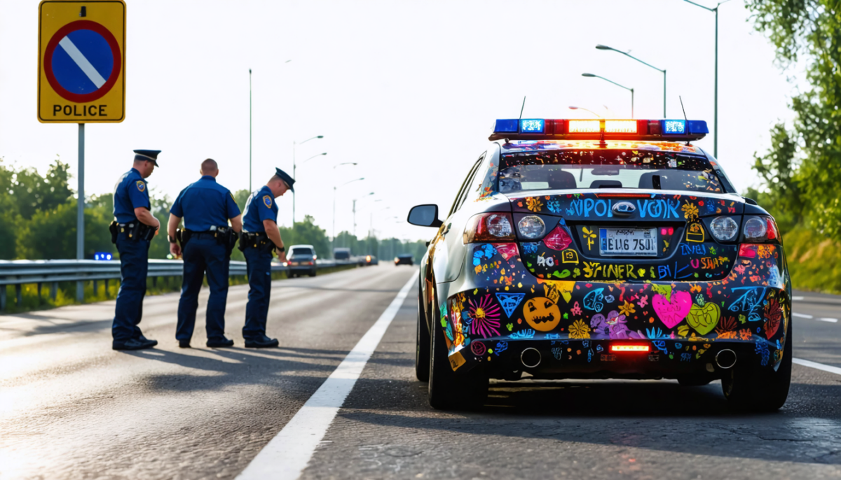 découvrez l'interception d'une voiture décorée hors-la-loi sur la route, contrôlée par la police pour non-conformité aux règles de circulation.